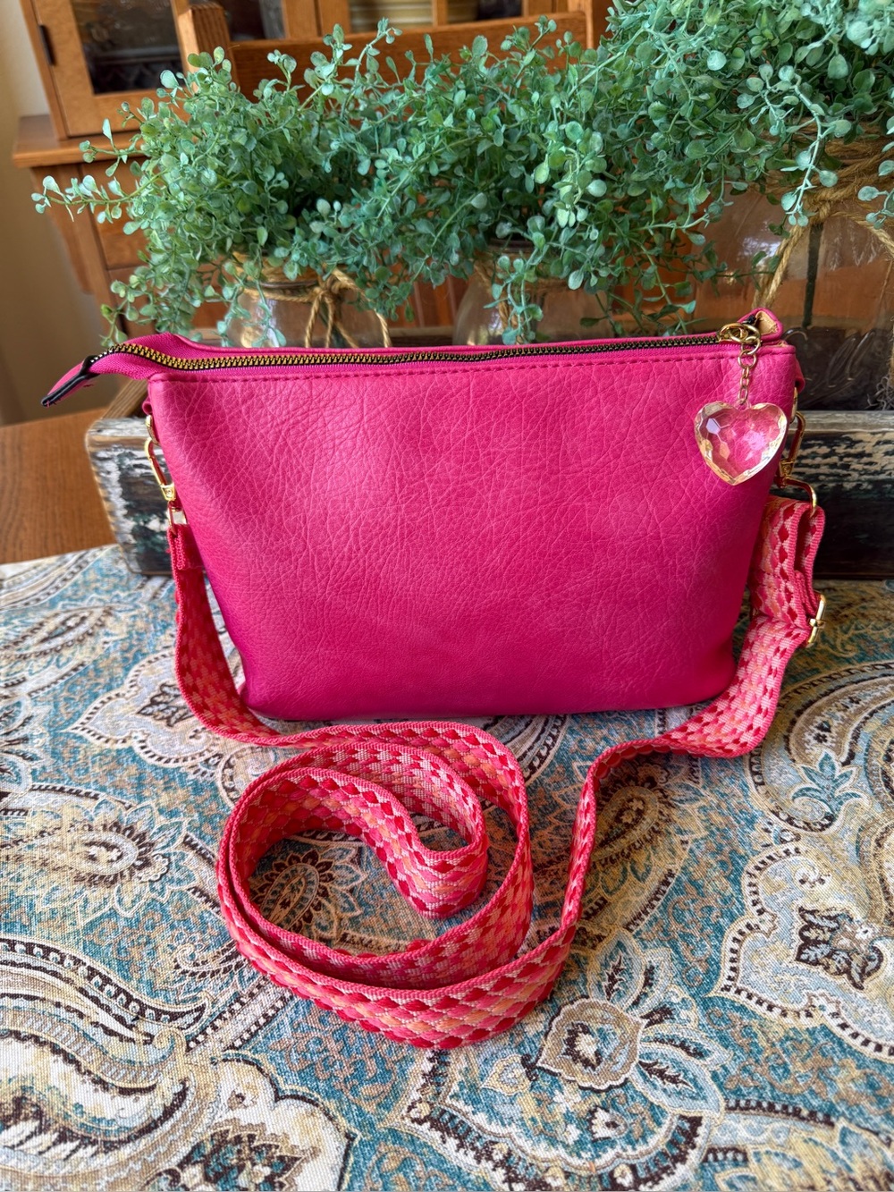 Pink Crossbody Bag 4 Compartment Braided Strap Zipper Top